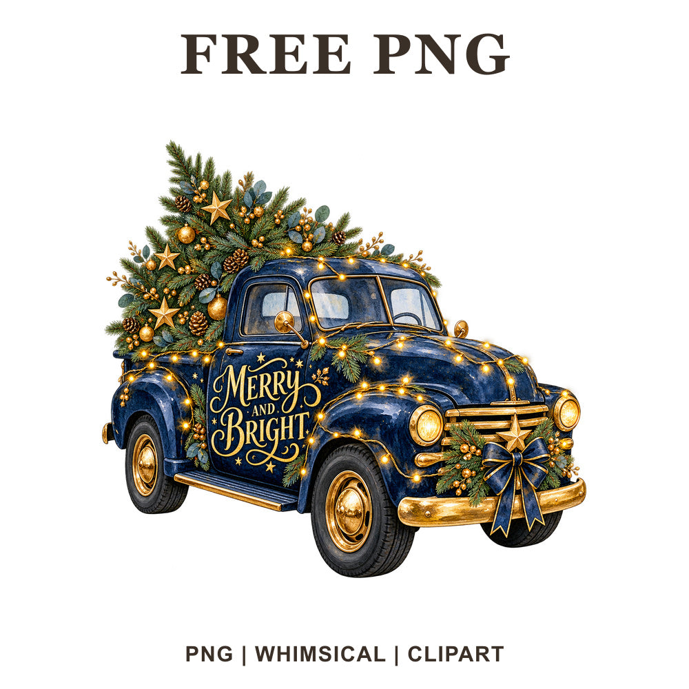Whimsical Navy Midnight Christmas Truck Clipart PNG