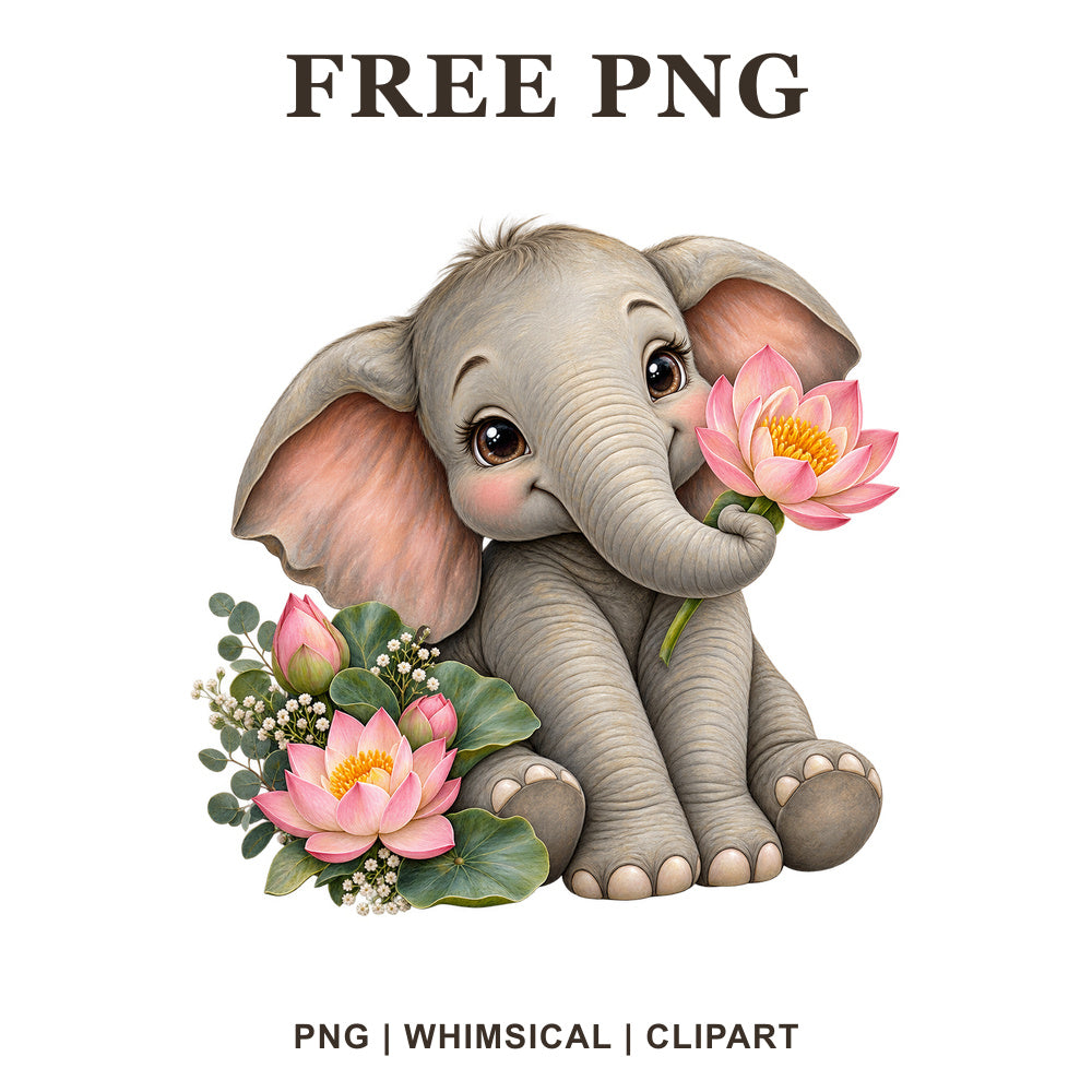 Whimsical Waterlily Dream Elephant Clipart PNG-8SVG