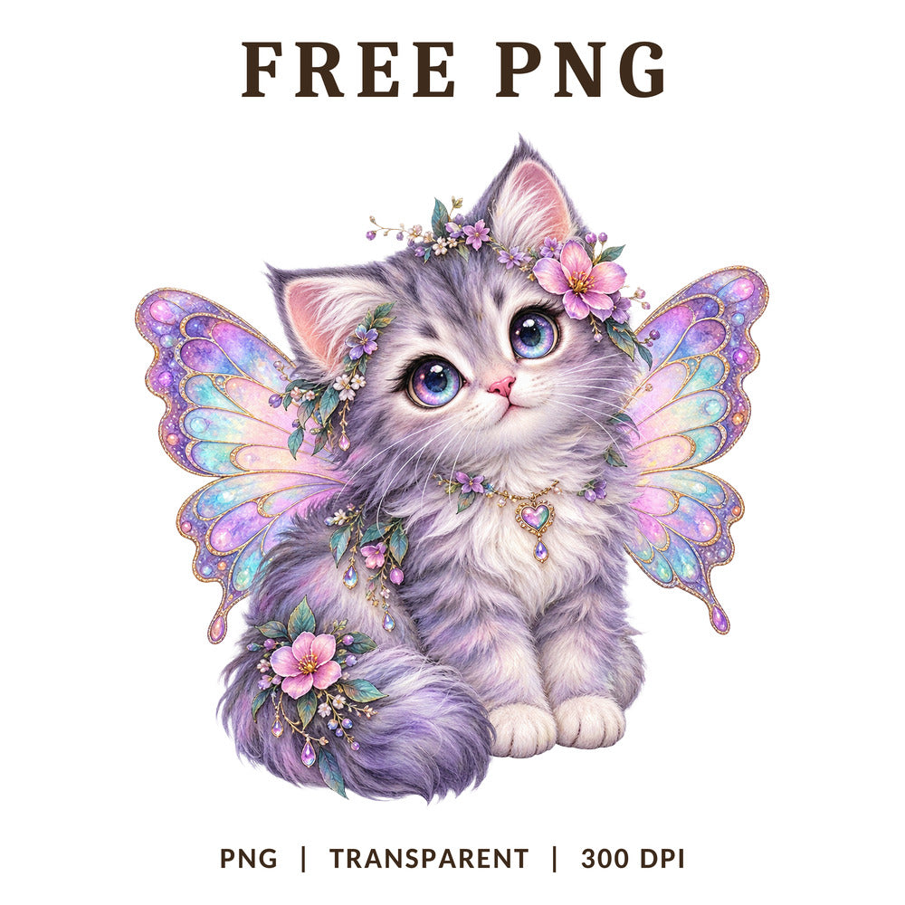 Purple Fairy Kitten Butterfly Wings Flowers PNG-8SVG
