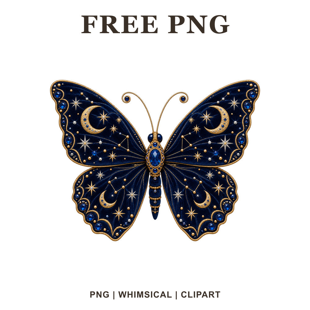 Whimsical Celestial Navy Butterfly Clipart PNG