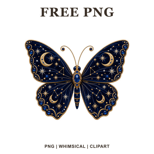 Whimsical Celestial Navy Butterfly Clipart PNG