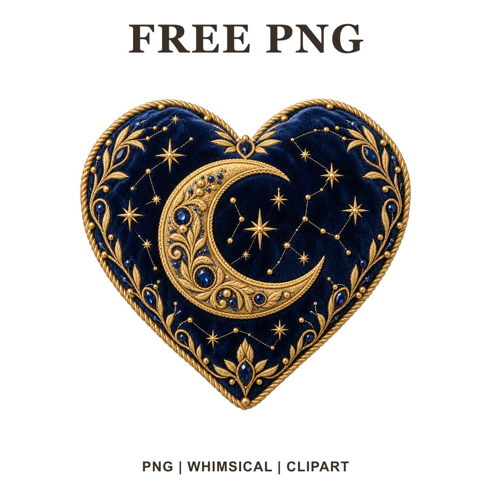 Whimsical Celestial Navy Gold Heart Clipart PNG