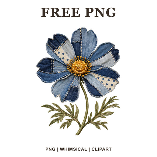 Whimsical Denim Patchwork Cosmos Clipart PNG