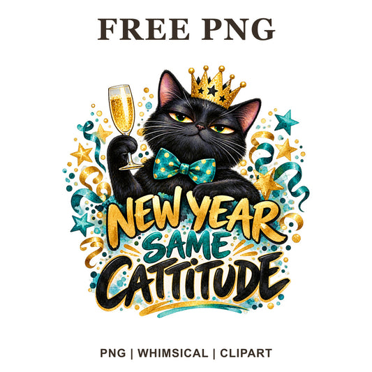 Whimsical Celebration Cat New Year Clipart PNG