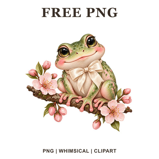 Whimsical Cherry Blossom Frog Clipart PNG-8SVG