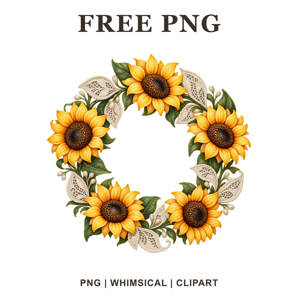 Whimsical Lace Wreath Sunflower Clipart PNG