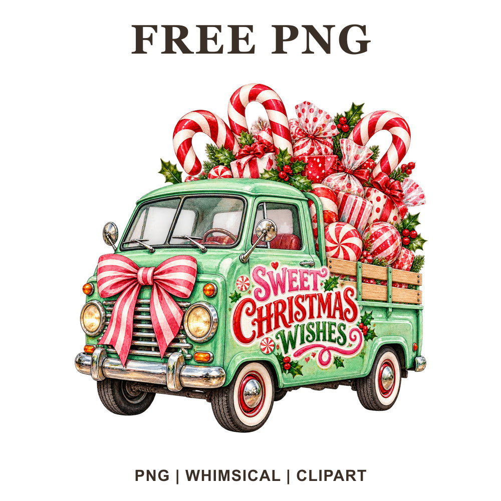 Whimsical Mint Candy Cane Cargo Christmas Truck Clipart PNG