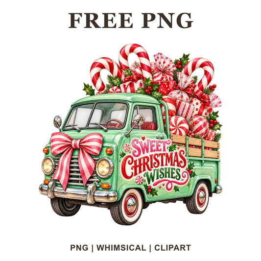 Whimsical Mint Candy Cane Cargo Christmas Truck Clipart PNG