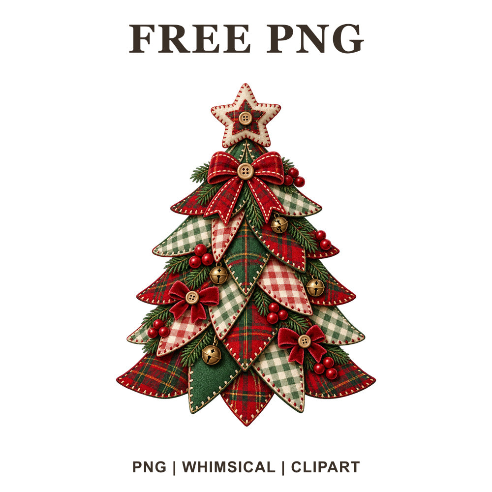 Whimsical Patchwork Tartan Christmas Tree Clipart PNG