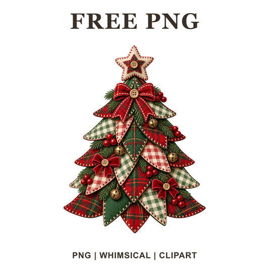 Whimsical Patchwork Tartan Christmas Tree Clipart PNG-8SVG
