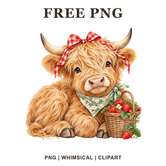 Whimsical Strawberry Picnic Highland Cow Clipart PNG