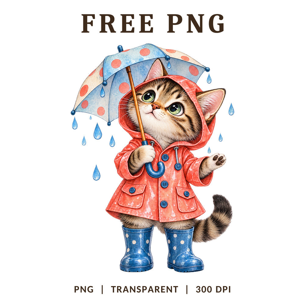 Rainy Day Cat Red Raincoat Umbrella PNG-8SVG