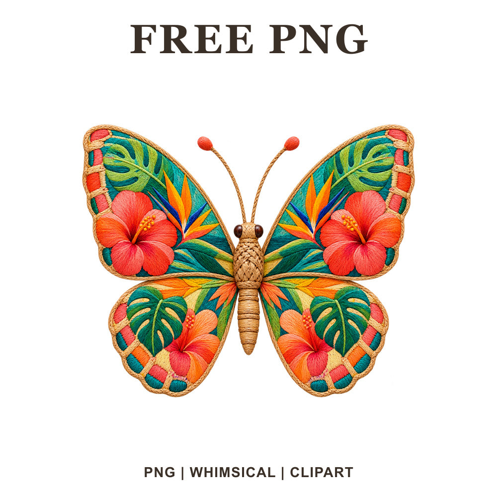 Whimsical Tropical Hibiscus Butterfly Clipart PNG