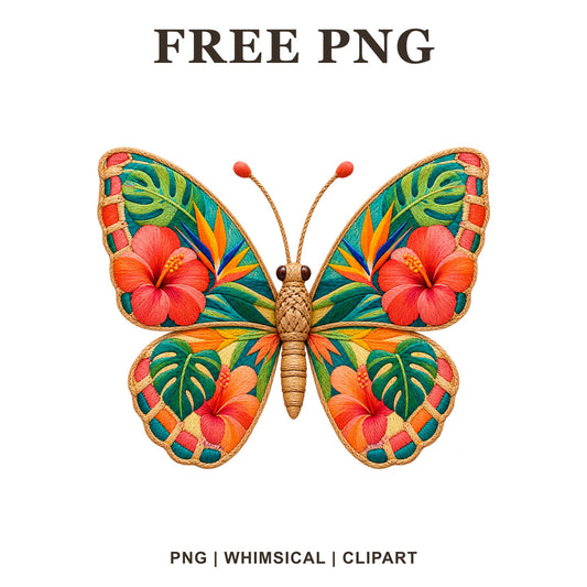 Whimsical Tropical Hibiscus Butterfly Clipart PNG