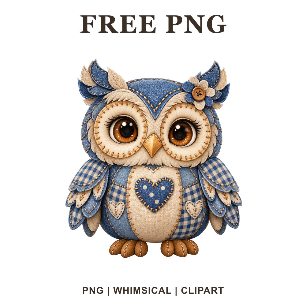 Whimsical Denim Patchwork Owl Clipart PNG