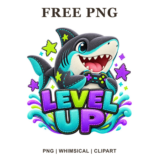 Whimsical Level Up Shark Clipart PNG
