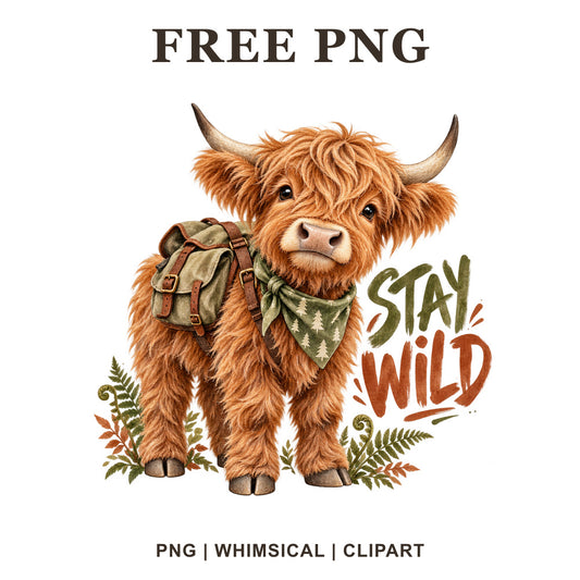 Whimsical Little Adventurer Highland Cow Clipart PNG