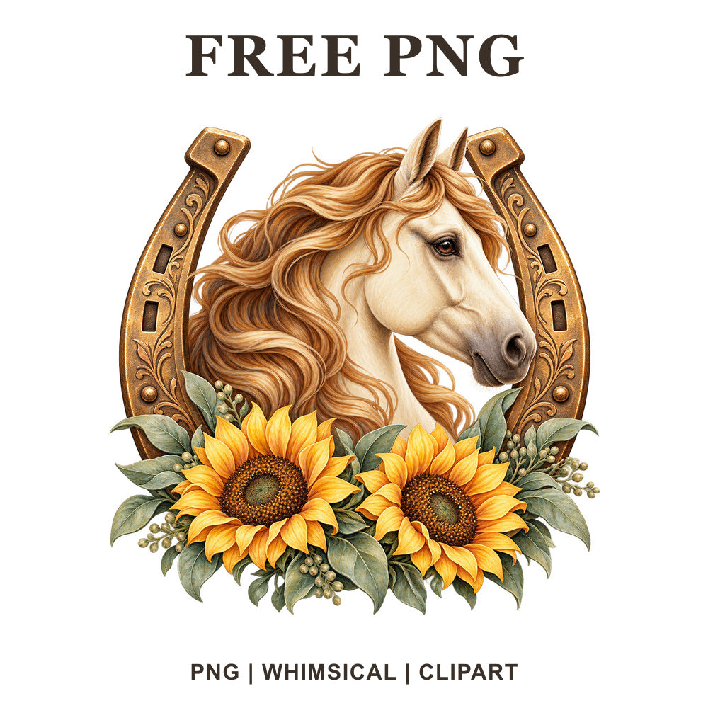 Whimsical Sunflower Horseshoe Horse Clipart PNG