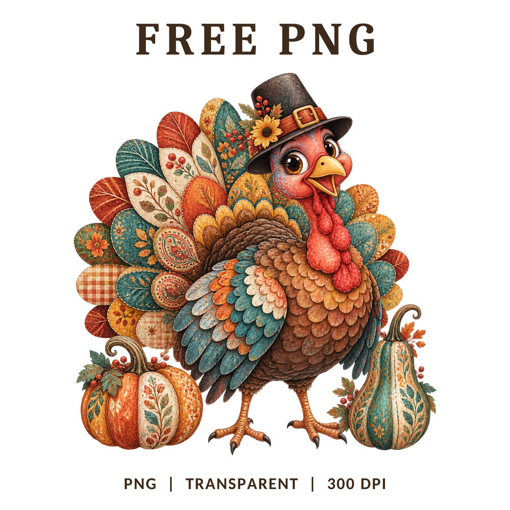 Folk Art Turkey Pilgrim Hat Thanksgiving PNG-8SVG