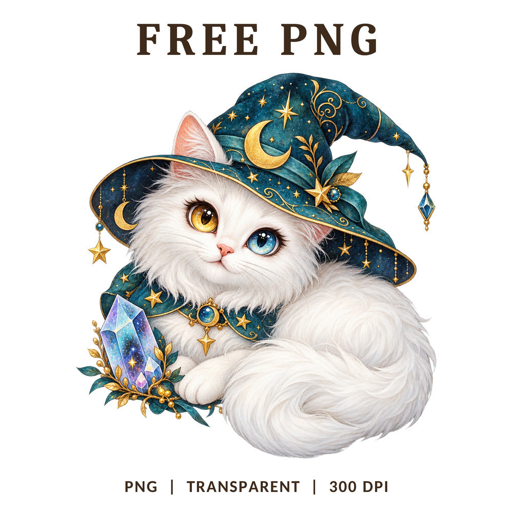White Wizard Cat Celestial Moon Star Hat PNG-8SVG