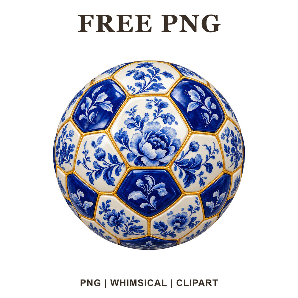 Whimsical Blue Porcelain Soccer Ball Clipart PNG