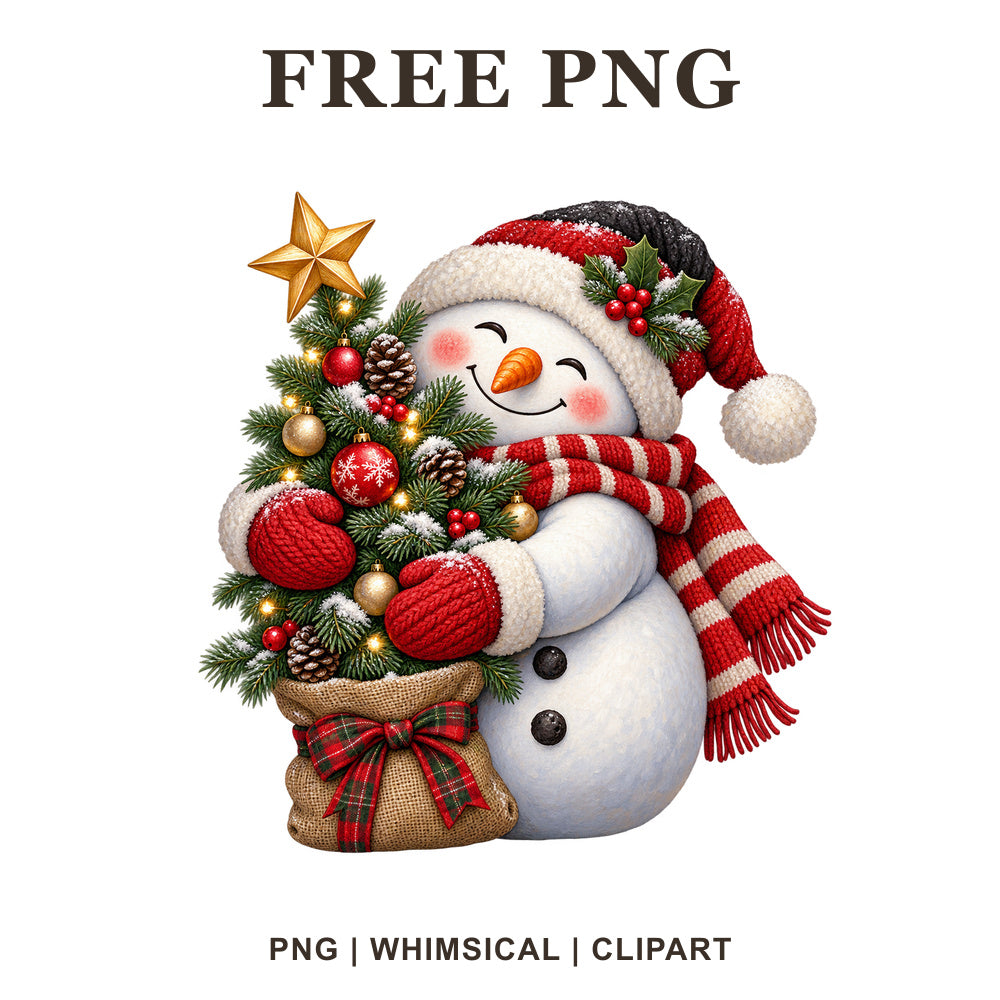 Whimsical Christmas Tree Hug Snowman Clipart PNG