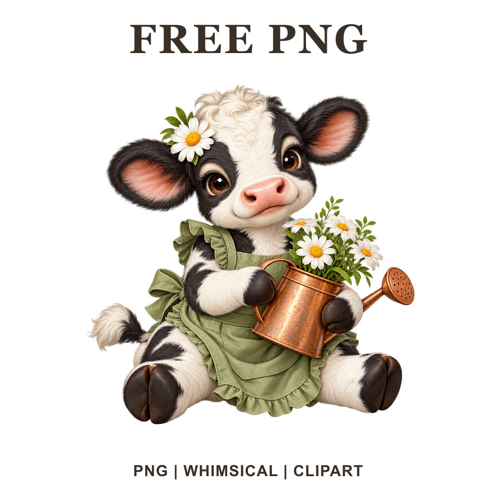 Whimsical Cottage Gardener Cow Clipart PNG