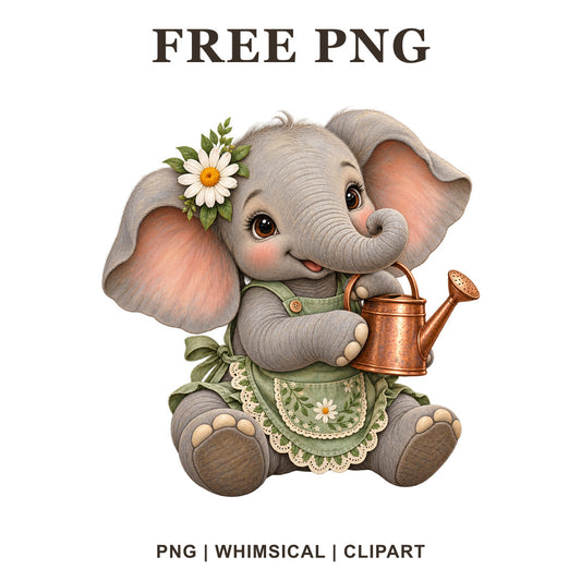 Whimsical Cottage Gardener Elephant Clipart PNG-8SVG