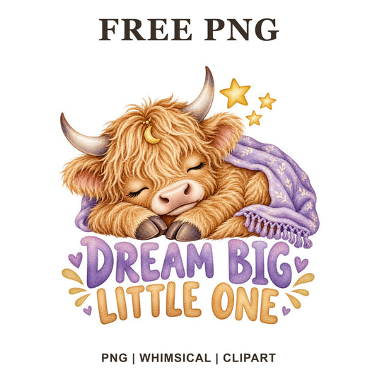 Whimsical Moonlit Dreamer Highland Cow Clipart PNG