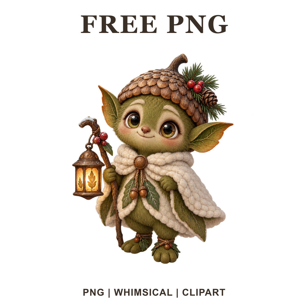 Whimsical Olive Acorn Elf Green Creature Clipart PNG