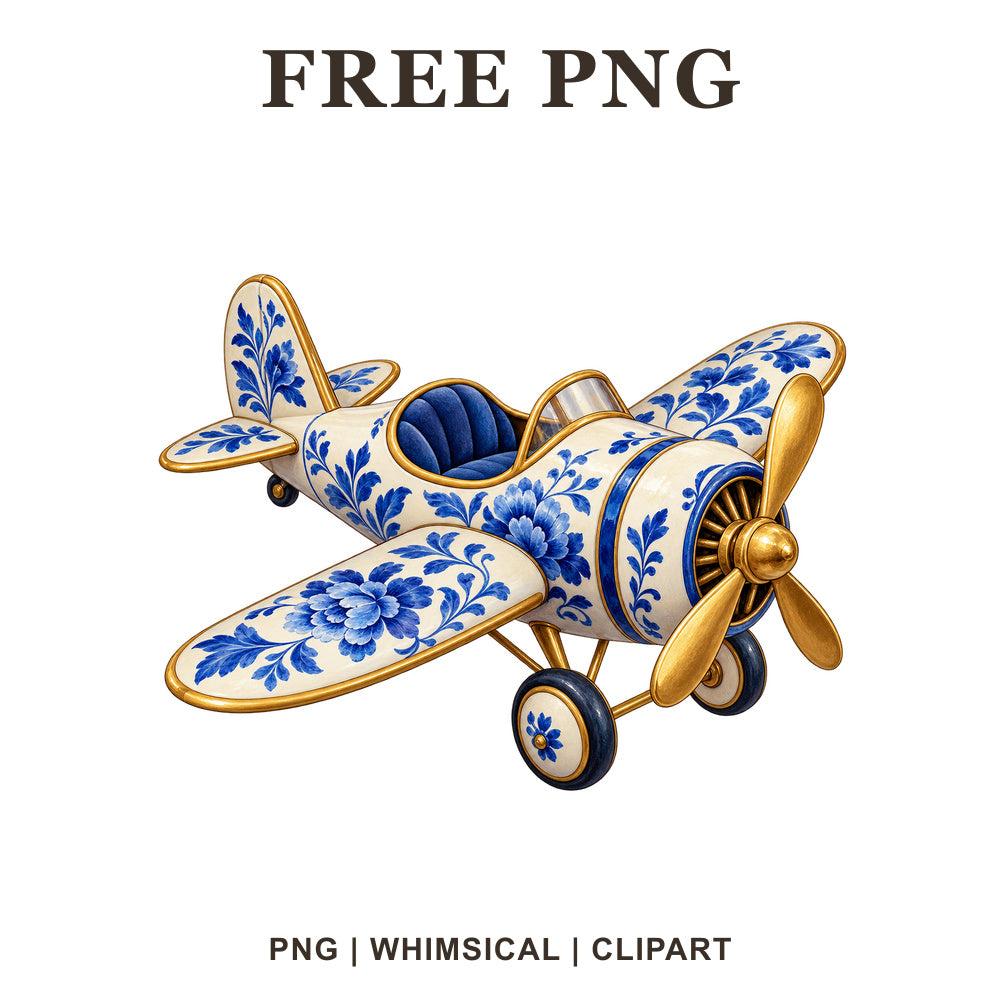 Whimsical Porcelain Blue Airplane Clipart PNG