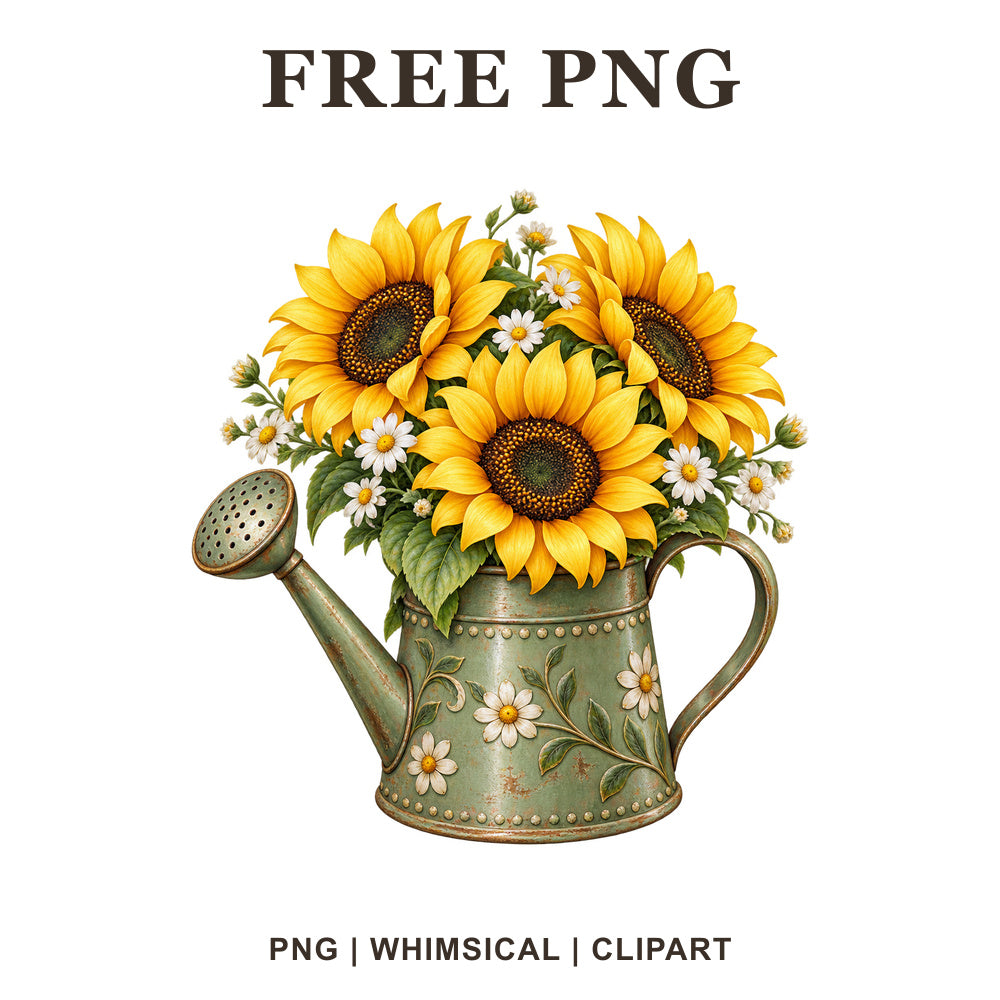 Whimsical Watering Can Sunflower Clipart PNG