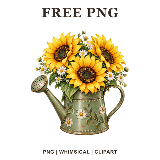 Whimsical Watering Can Sunflower Clipart PNG