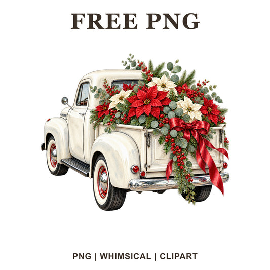 Whimsical White Poinsettia Bouquet Christmas Truck Clipart PNG