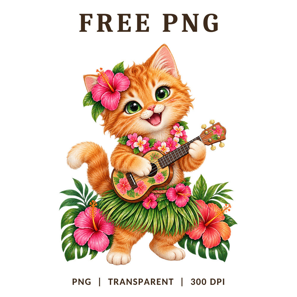 Hula Cat Ukulele Tropical Hibiscus PNG-8SVG