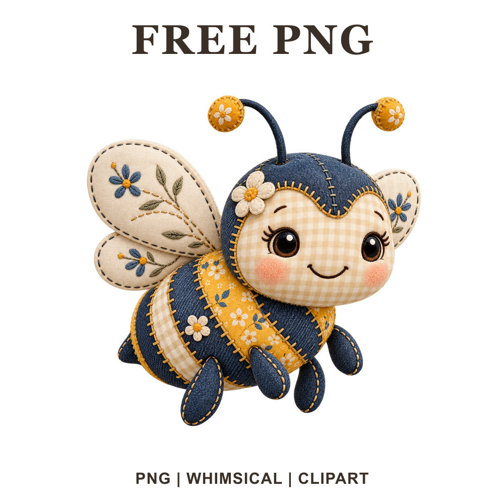 Whimsical Denim Patchwork Bee Clipart PNG