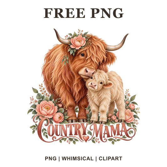 Whimsical Floral Country Mama Highland Cow Clipart PNG