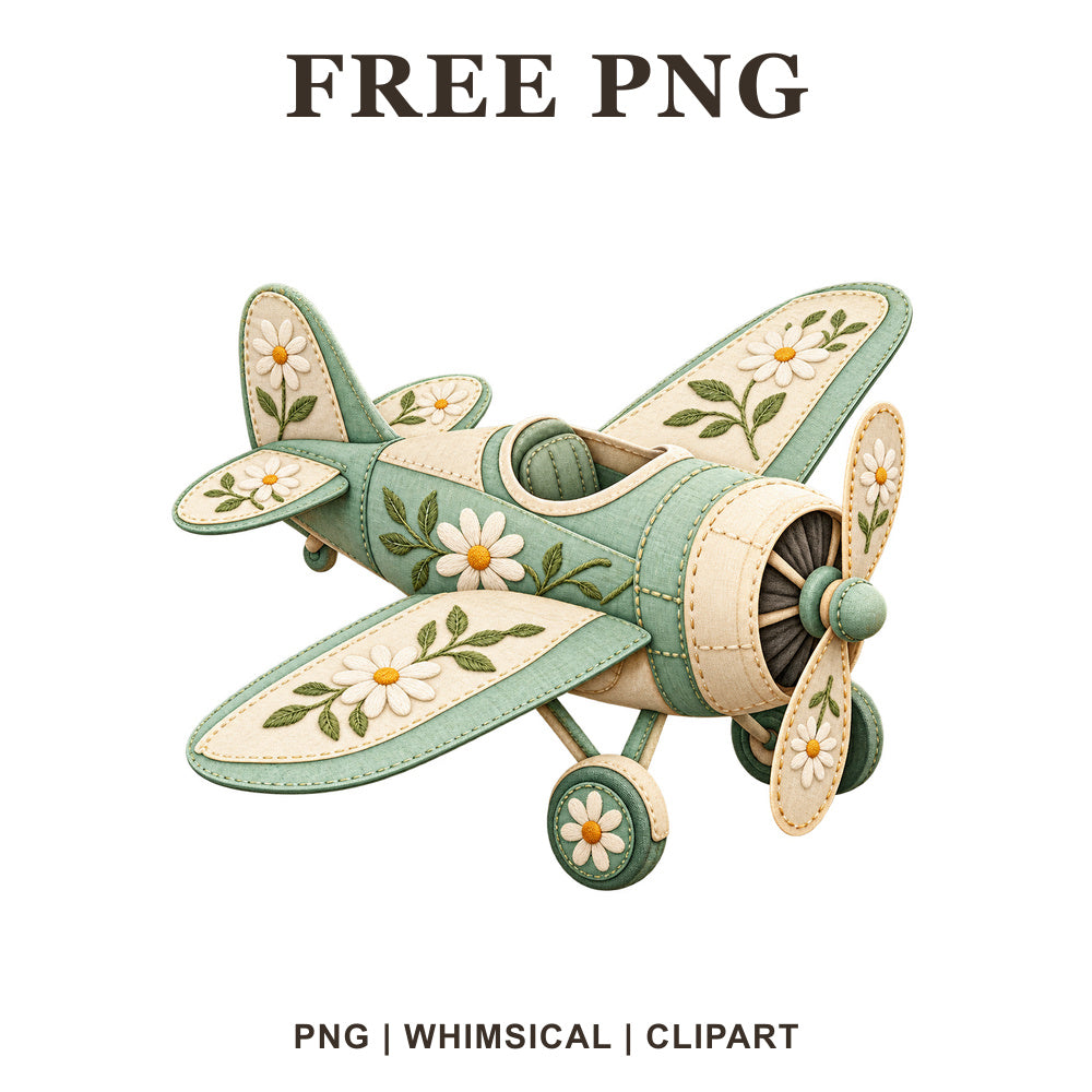 Whimsical Mint Floral Airplane Clipart PNG