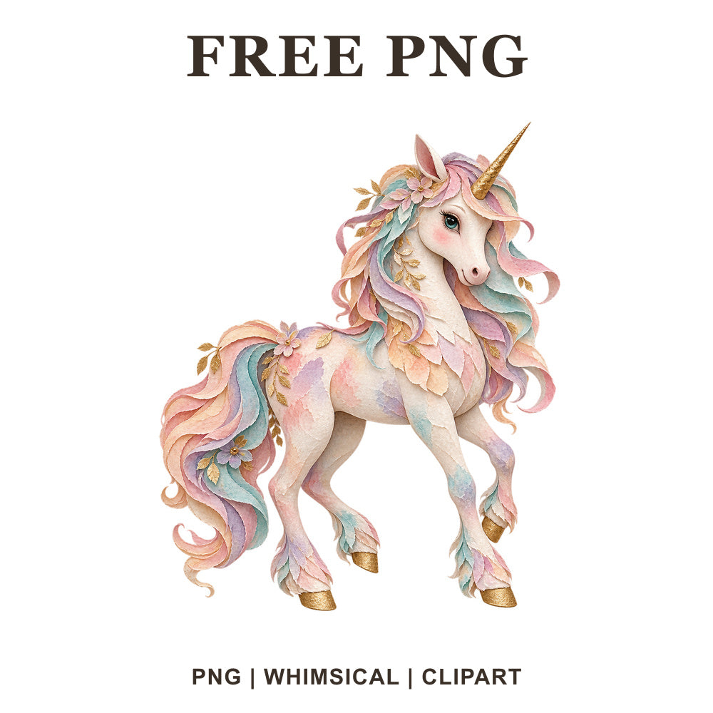 Whimsical Watercolor Paper Unicorn Clipart PNG