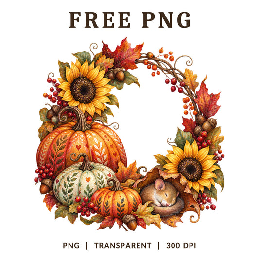 Autumn Pumpkin Sunflower Wreath Squirrel PNG-8SVG