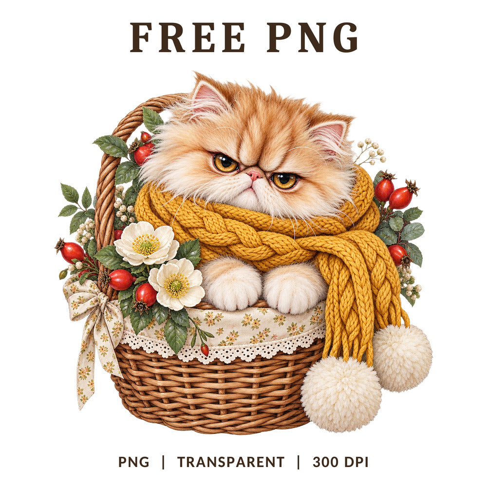 Fluffy Cat Cozy Basket Yellow Scarf PNG-8SVG