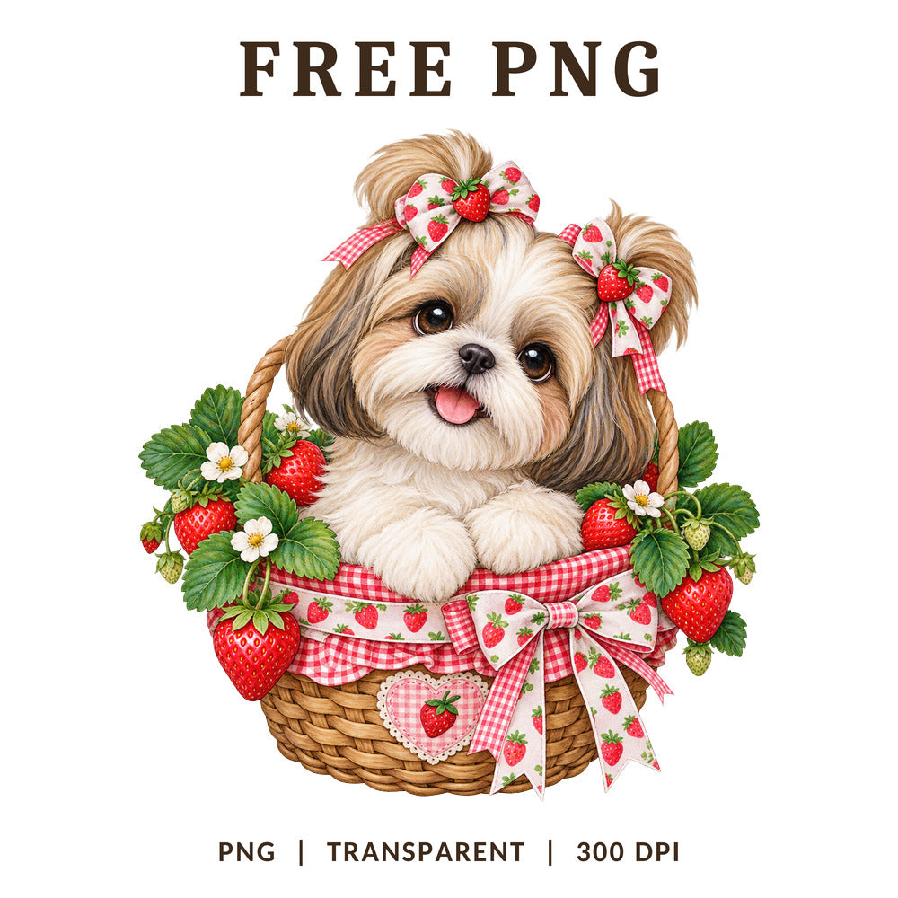 Shih Tzu Puppy Strawberry Basket Bow PNG-8SVG