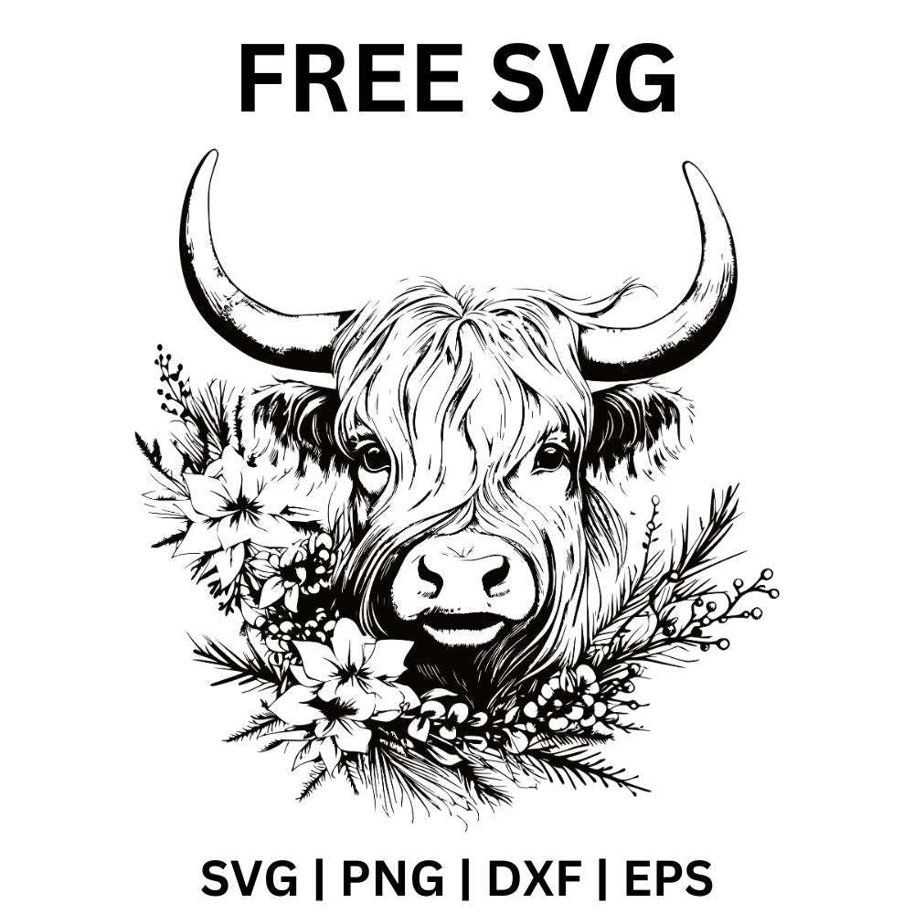 Floral Highland Cow Head SVG Free | Rustic Farm Animal Cut File for Cr ...