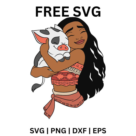 Moana Hugging Pua SVG Free | Sweet Island Girl and Pig Design for Cricut & Silhouette