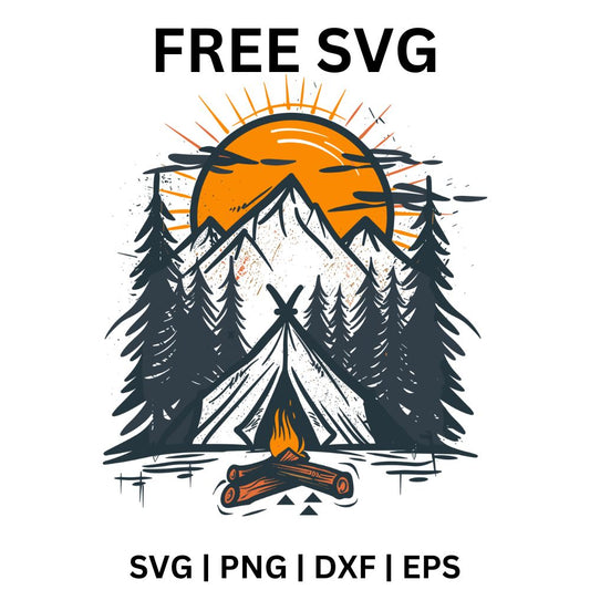Camping Scene SVG Free | Tent with Sunset and Pine Trees for Cricut & Silhouette