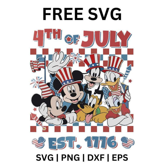 Group of cartoon mouse, duck and dog friends in patriotic hats over a red checkered backdrop between 4th of July and EST 1776 lettering, free Fourth of July friends SVG cut file preview.