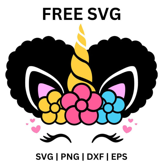 Unicorn face with two black afro puff buns, a gold horn, pink-lined ears and a crown of pink, yellow and blue flowers above closed lashes and hearts, free afro unicorn SVG cut file preview.
