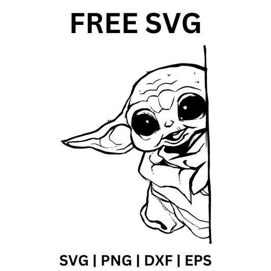 Black outline of a big-eyed alien baby with large ears peeking out from behind a wall edge, free peeking alien baby SVG cut file preview.