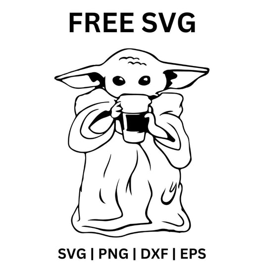 Black outline of a big-eared alien baby in a bulky robe sipping from a mug held in both hands, free coffee alien baby SVG cut file preview.