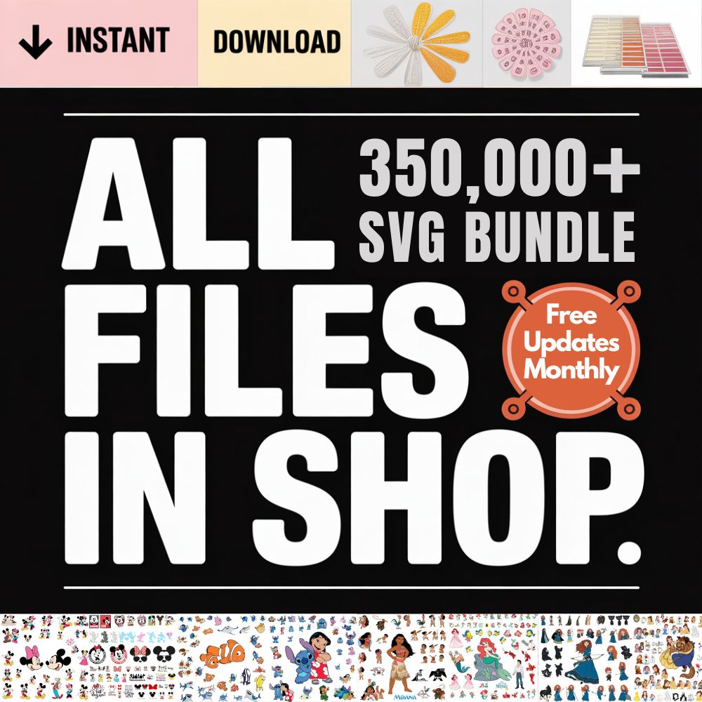 Black cover with bold white All Files in Shop lettering, a 350,000+ SVG bundle title, an orange Free Updates Monthly badge and a strip of colorful cartoon designs along the bottom, free SVG bundle cut file preview.